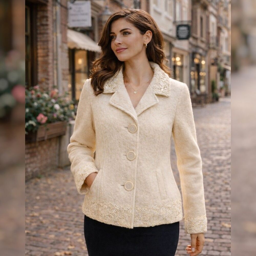 Vtg Lisa International M Wool Jacket Coat Ivory Lace Trim Pearl Button Romantic